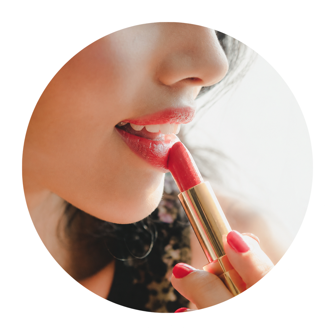 A close-up circular photo of a woman applying coral pink lipstick with a gold tube, shown against a white background.